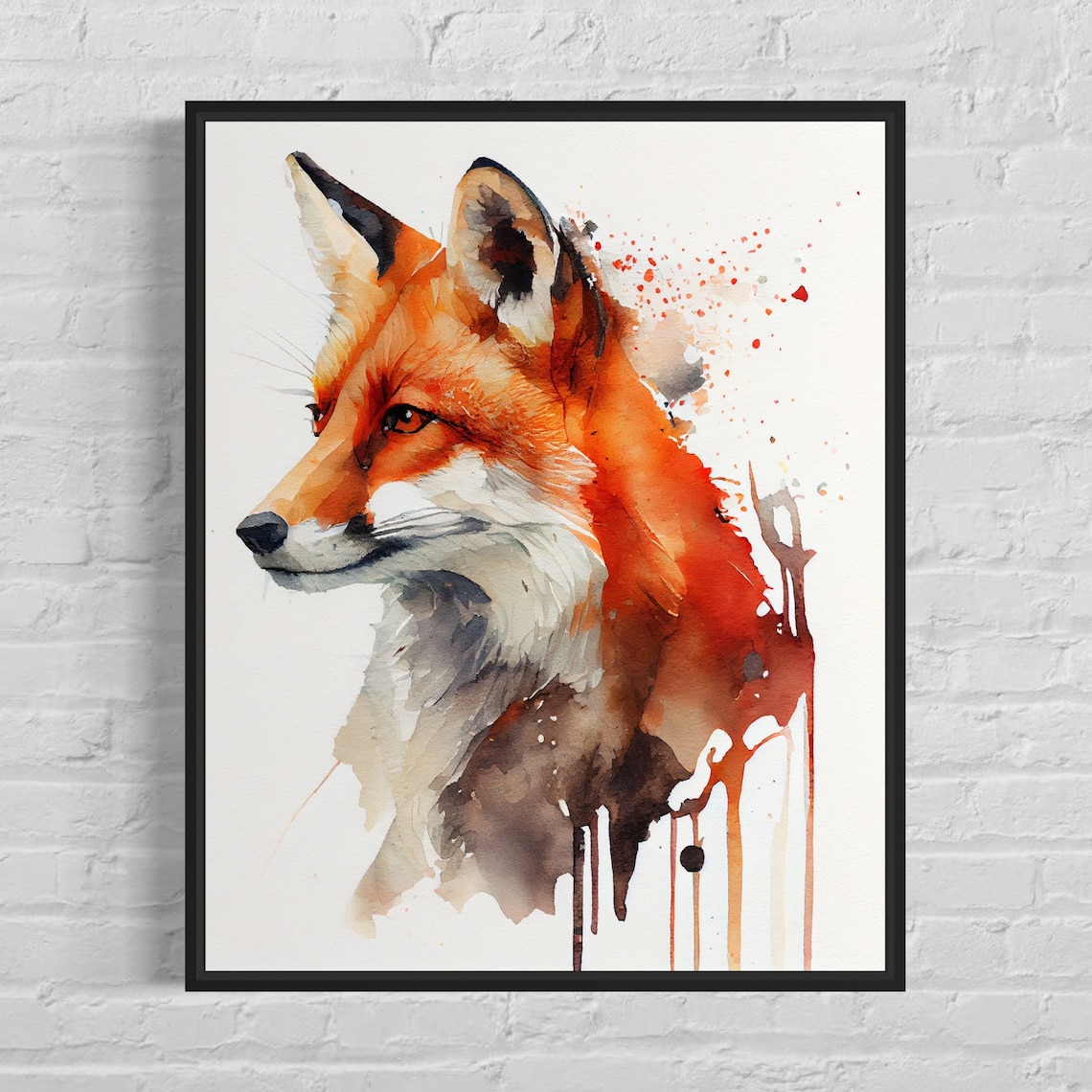 Red Fox Profile Fiery Orange Watercolor Splash Portrait Art Poster