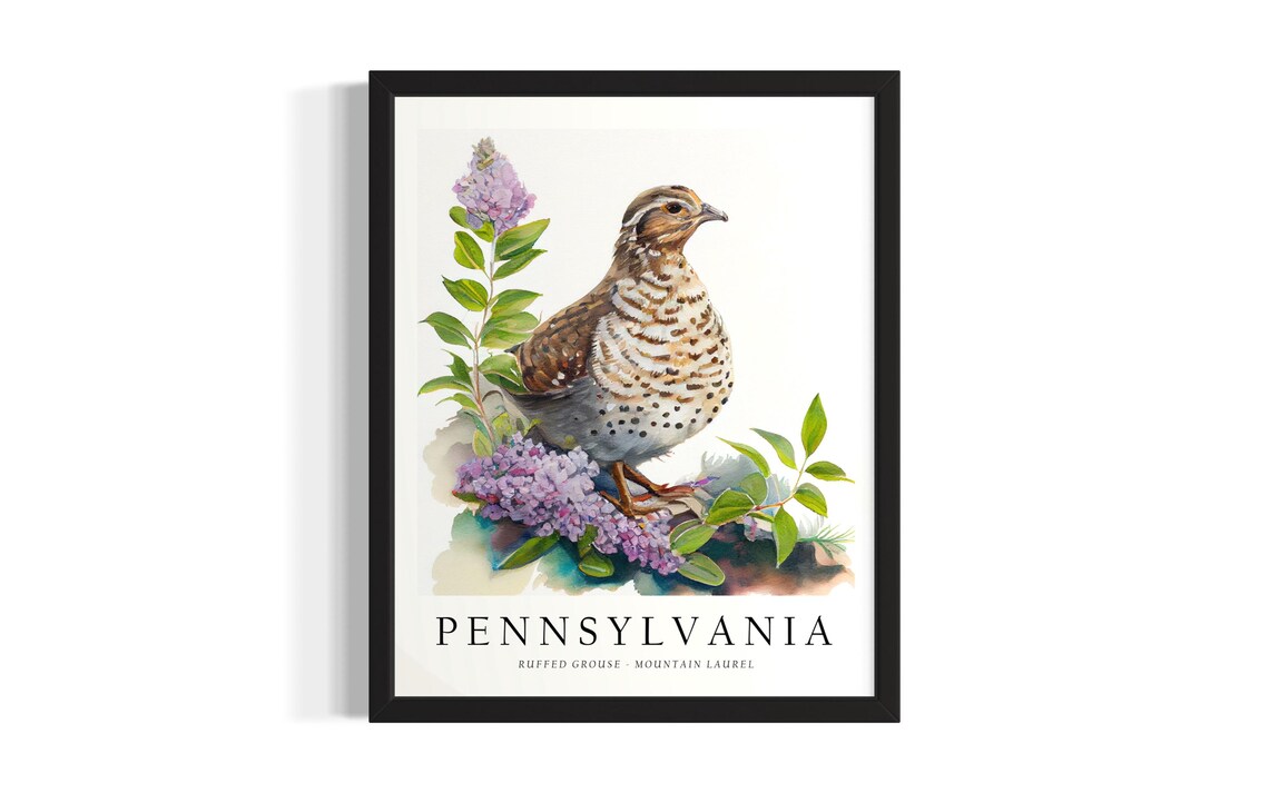 Pennsylvania Ruffed Grouse Mountain Laurel Watercolor Art Poster