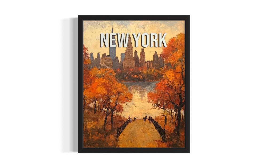 New York Golden Autumn Park Path Lake Fall Foliage Art Poster