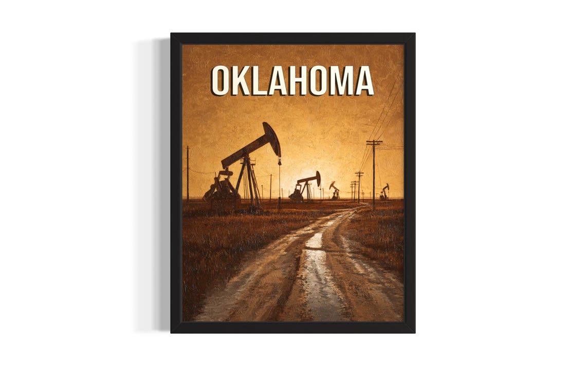 Oklahoma Oil Pumpjacks Sunset Dirt Road Energy Fields Poster