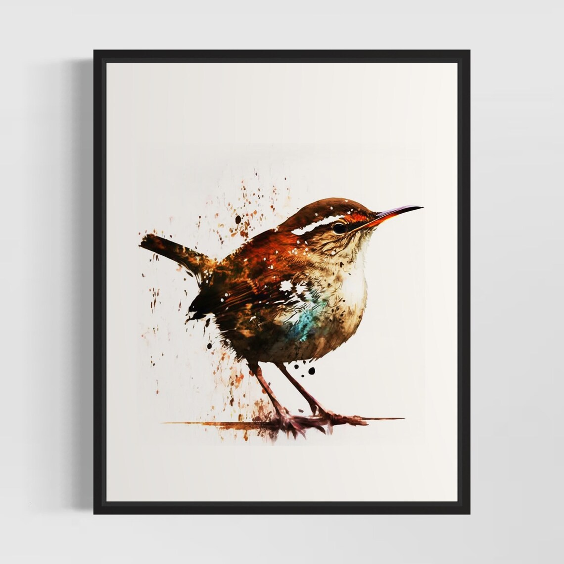 Tiny Brown Wren Songbird Among Splashes Watercolor Art Poster