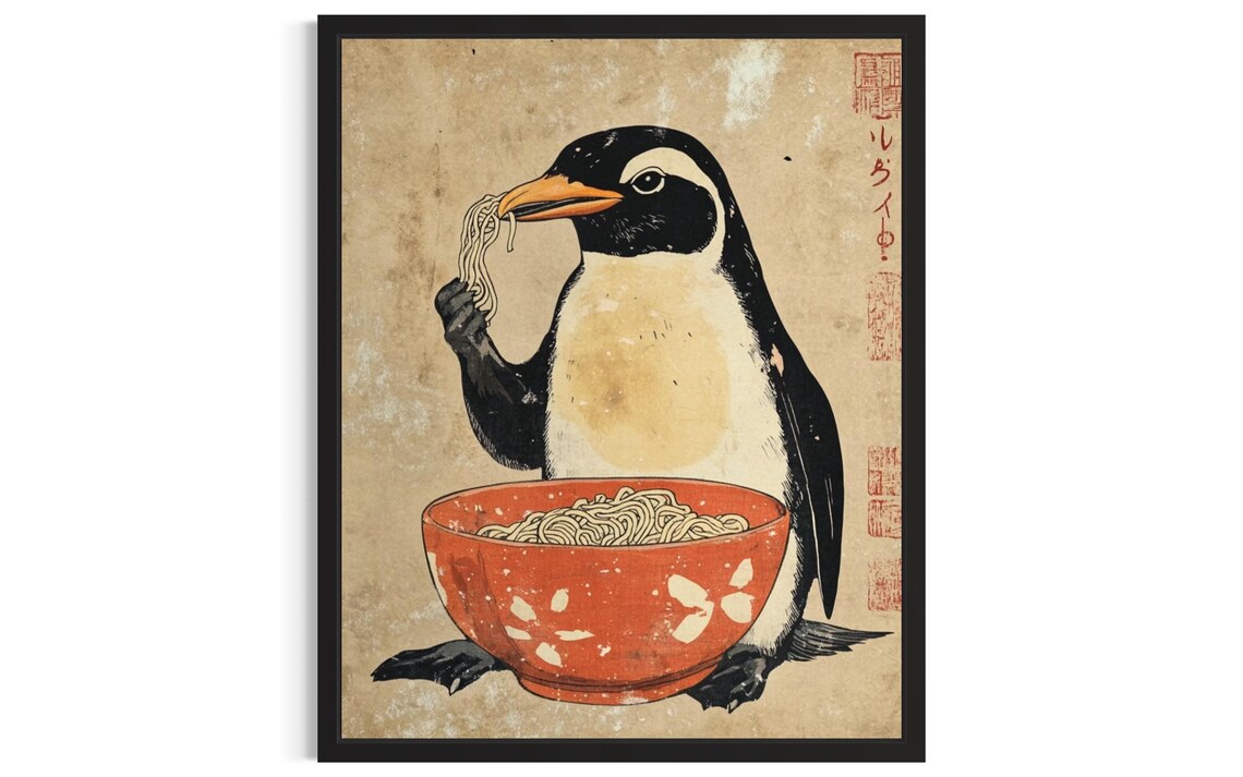 Penguin Slurping Noodles Japanese Woodblock Funny Kitchen Poster