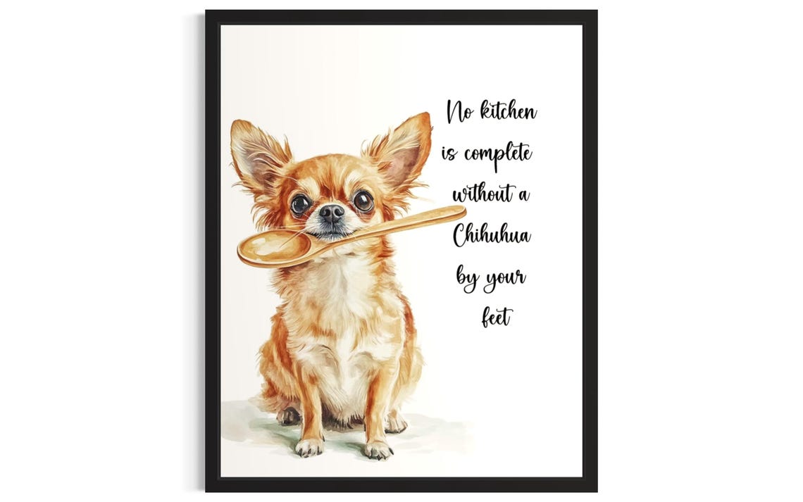 Cute Chihuahua Dog Gripping Wooden Spoon Kitchen Wall Decor Poster