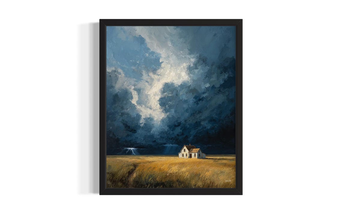 Dramatic Storm Clouds And Lightning Over Lone Farmhouse Moody Poster