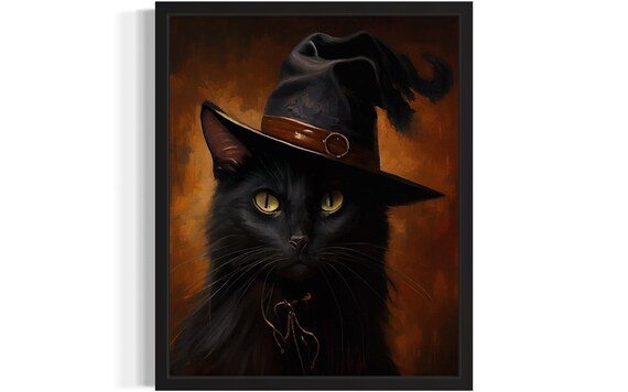 Black Cat in Tall Witch Hat Gothic Halloween Oil Painted Poster