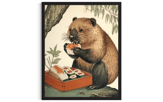 Beaver Eating Onigiri Sushi Vintage Japanese Woodblock Art Print