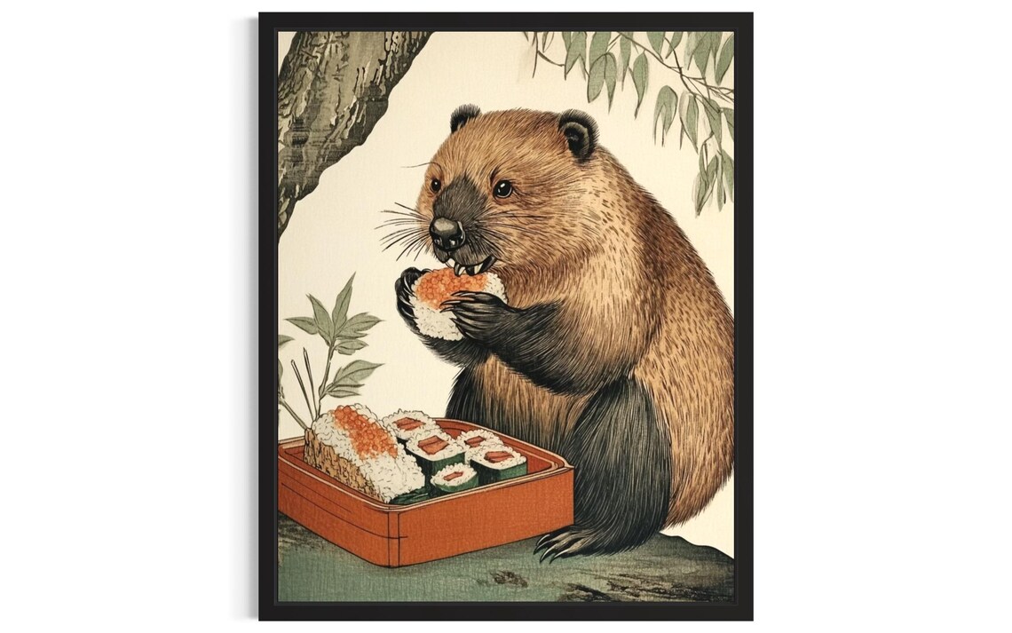 Beaver Eating Onigiri Sushi Vintage Japanese Woodblock Art Print