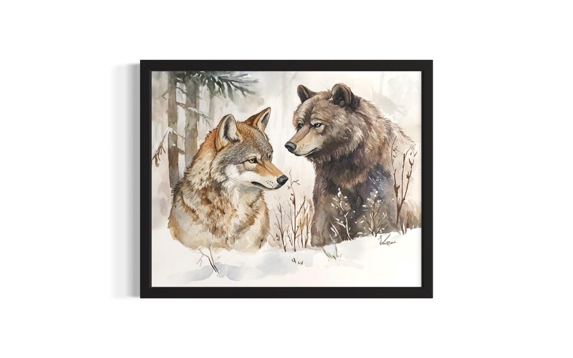 Wolf and Brown Bear in a Snowy Pine Forest Watercolor Poster