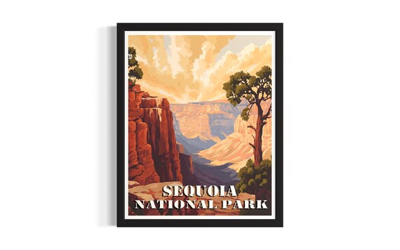Sequoia National Park Red Rock Canyon Sunset Vintage Travel Poster
