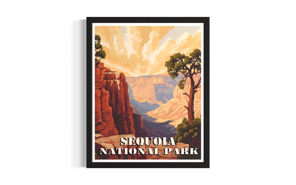 Sequoia National Park Red Rock Canyon Sunset Vintage Travel Poster