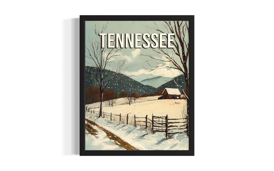 Tennessee Winter Snowy Red Barn Mountain Landscape Art Poster