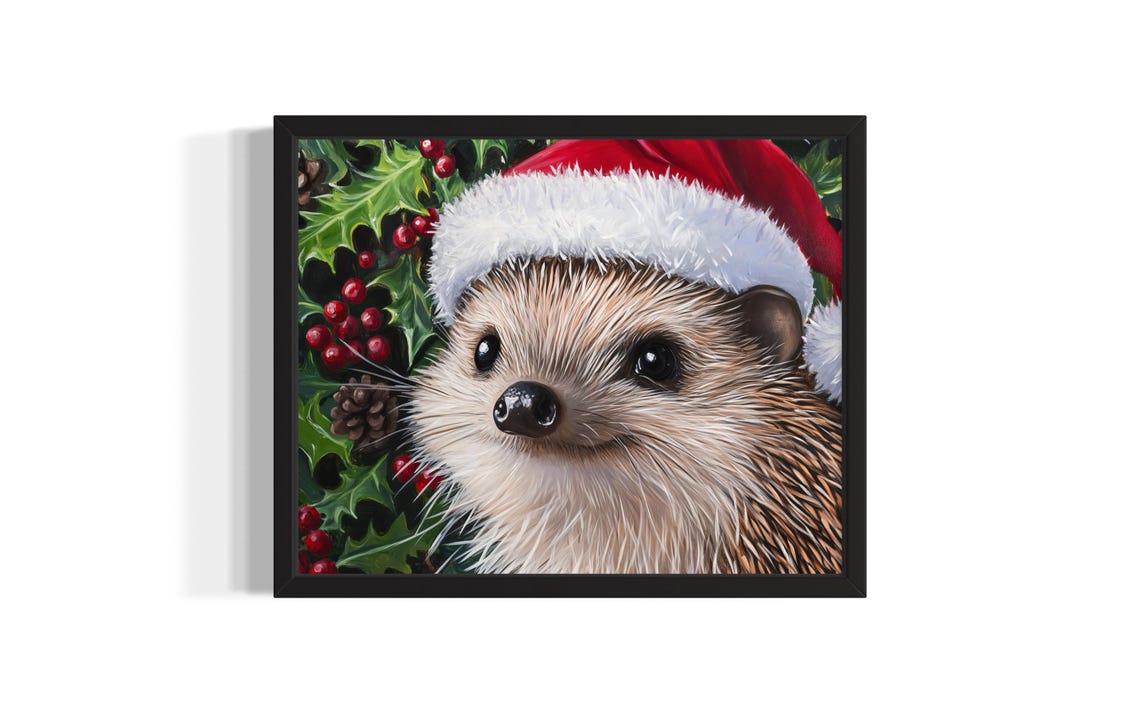 Hedgehog in Santa Hat with Holly Berries Christmas Painting Poster