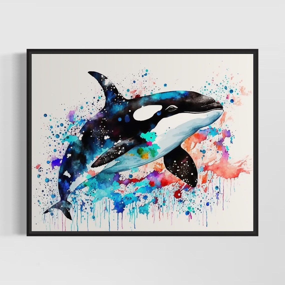 Breaching Orca Surrounded By Colorful Splashes Watercolor Poster