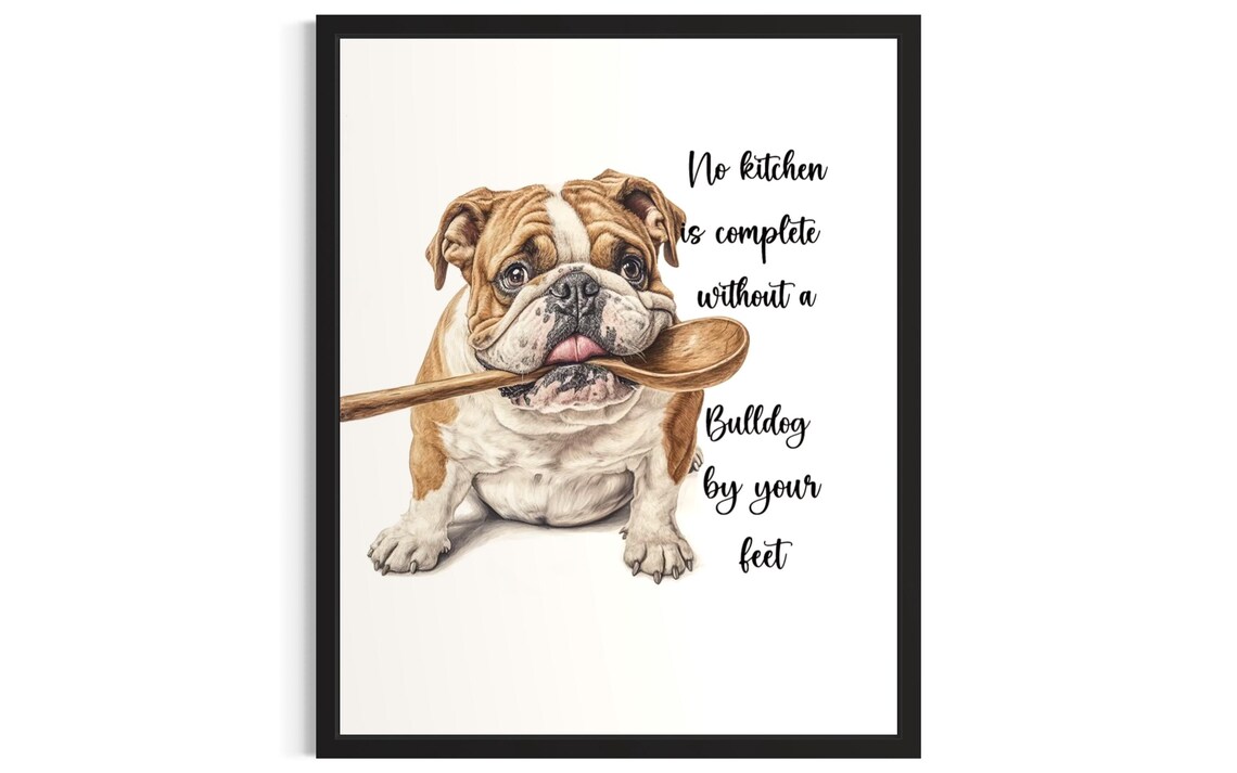 Cute Bulldog Dog Gripping Wooden Spoon Kitchen Wall Decor Poster