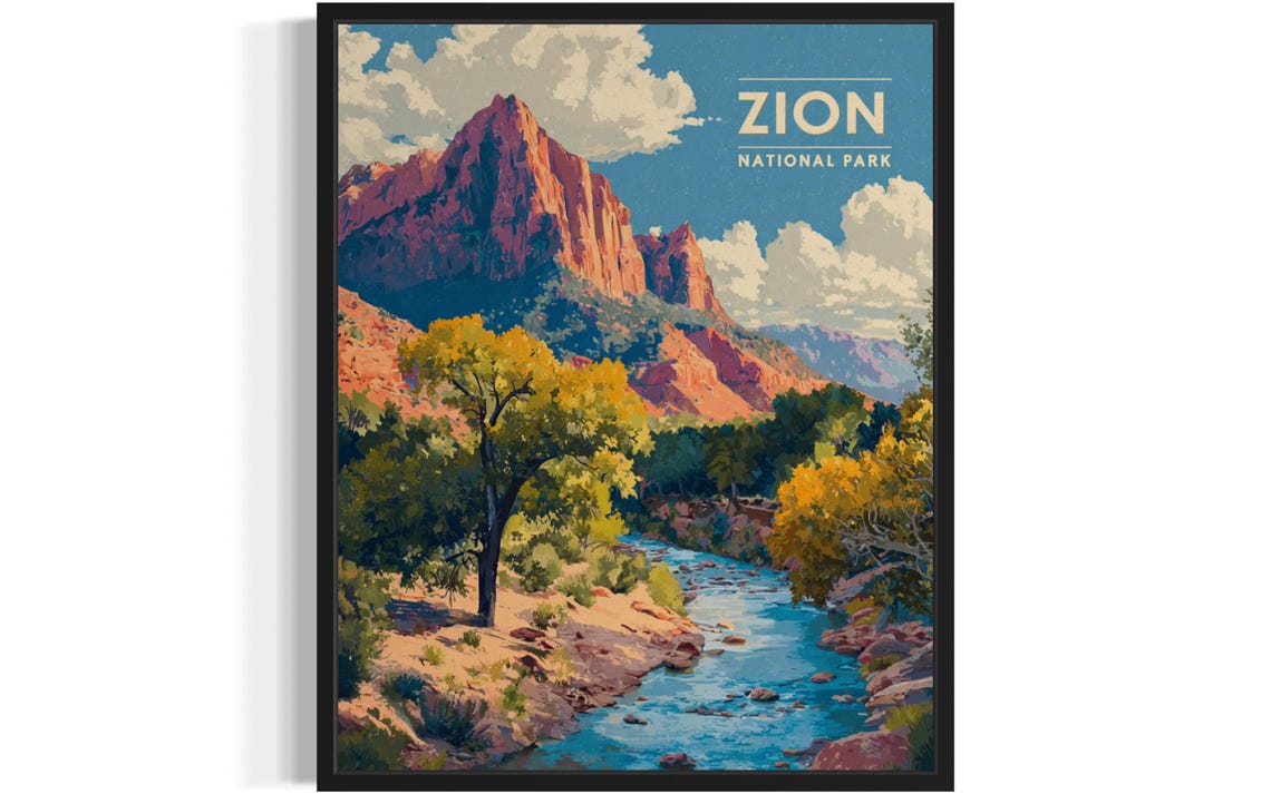 Zion National Park Red Rock Cliffs and River Vintage Travel Poster