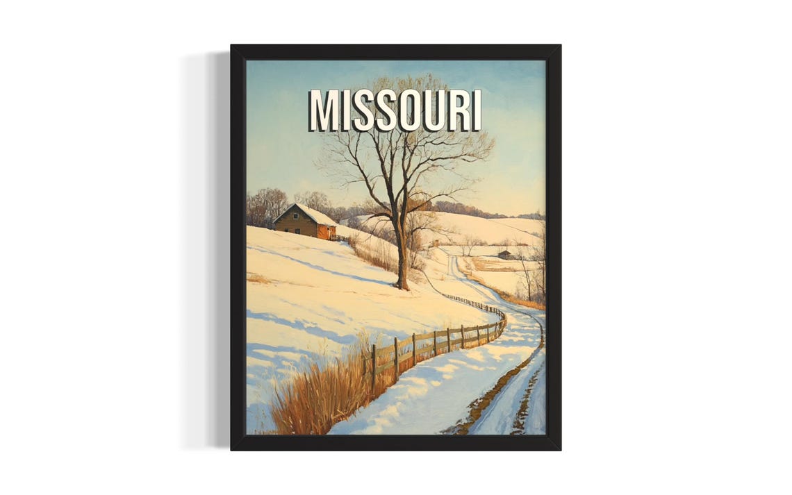 Missouri Winter Snowy Field Fence Barn Frosty Landscape Travel Poster