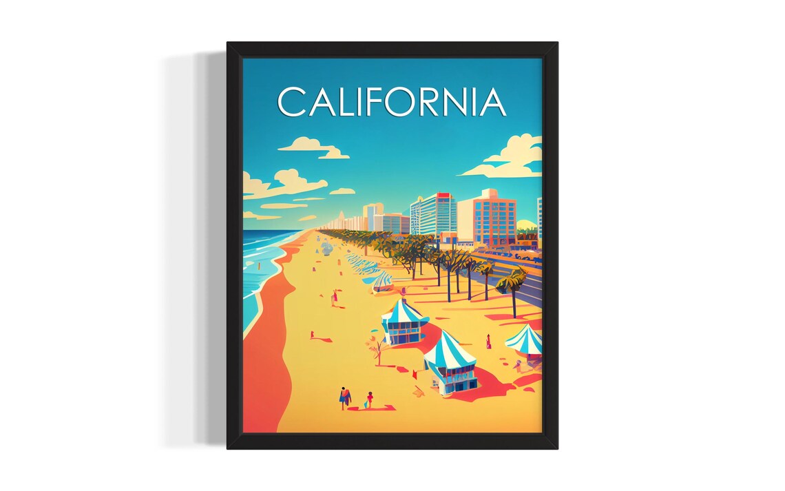 California Beach Boardwalk Palms Lifeguard Towers Retro City Poster