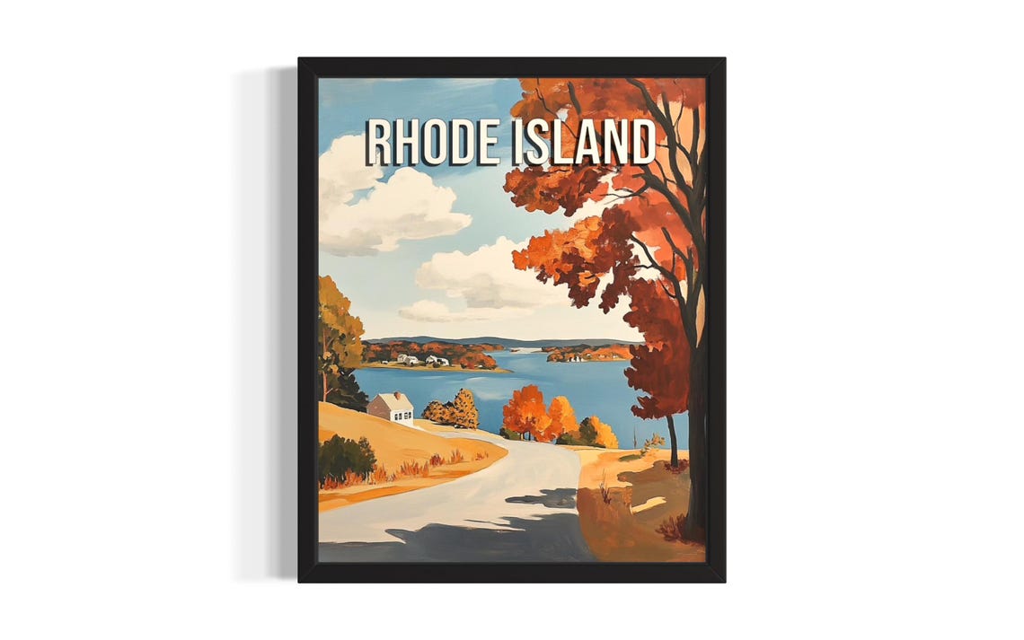 Rhode Island Fall Autumn Lake Scenic Winding Road Foliage Poster