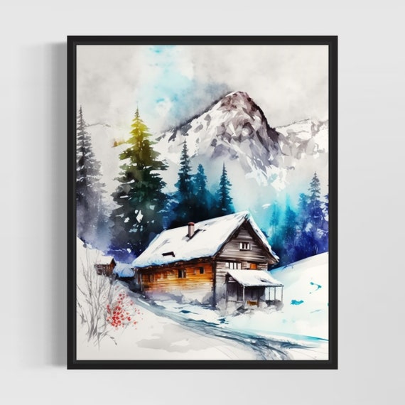 Winter Cabin And Mountain Watercolor Art Print Cabin And Mountain Wall Art Poster Original Artwork By Artist