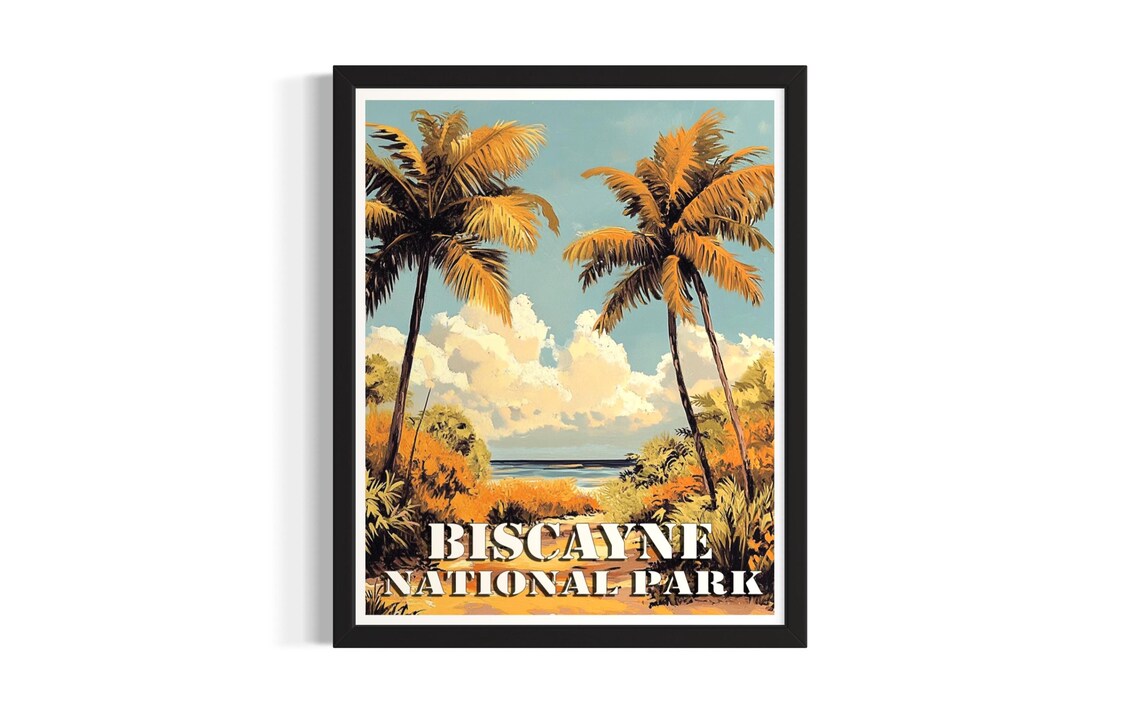Biscayne National Park Vintage Palm Trees Beach Travel Poster
