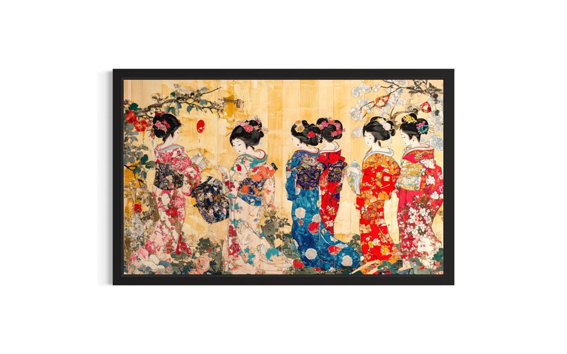 Seven Geishas in Colorful Kimonos Under Cherry Blossoms Poster