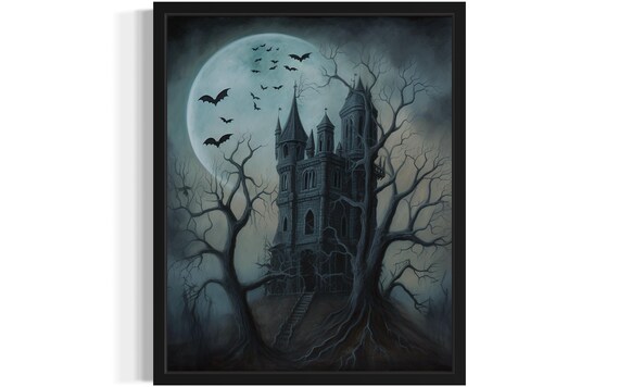 Haunted Gothic House With Bats Under A Full Moon At Night Poster