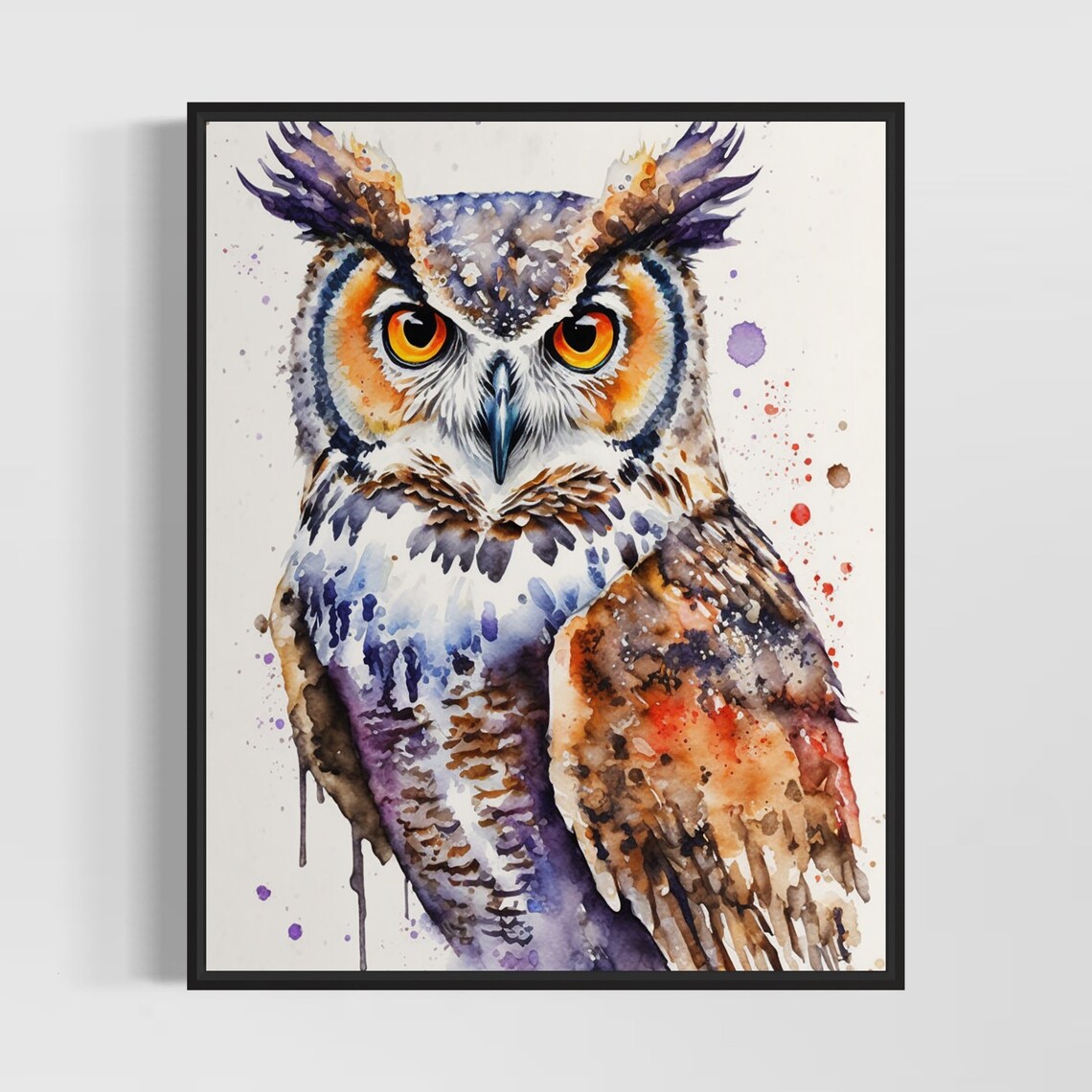Great Horned Owl with Amber Eyes Watercolor Splatter Art Poster