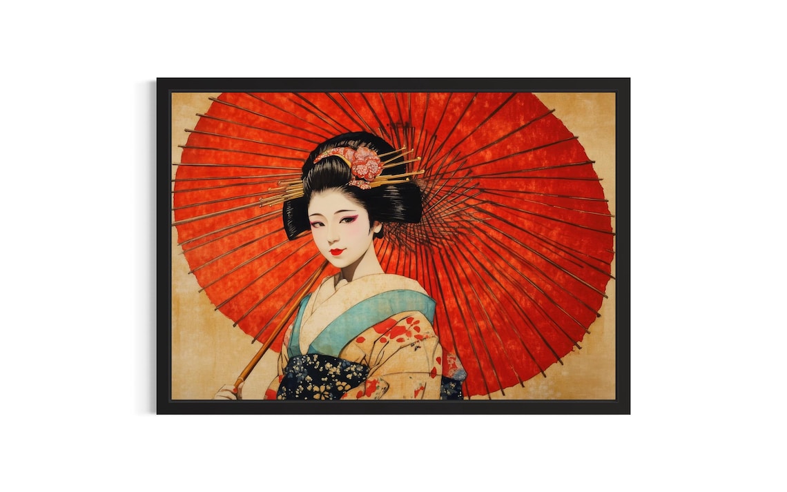 Elegant Geisha Holding a Red Umbrella Portrait Japanese Art Poster