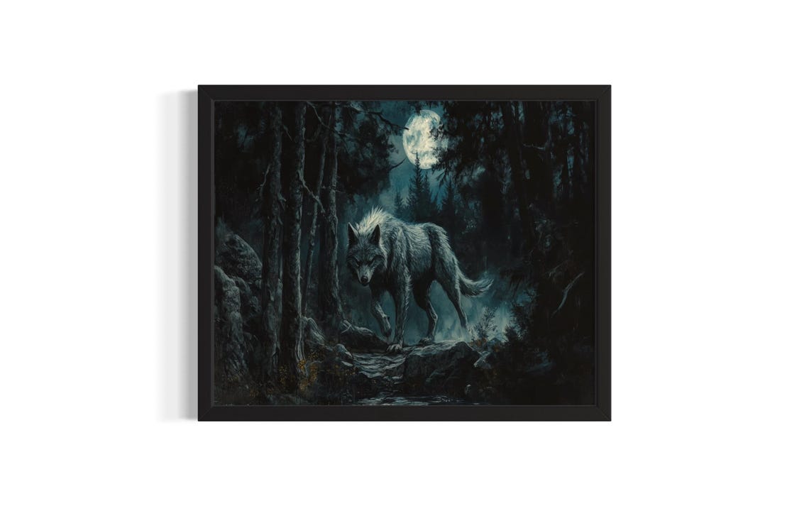 Dire Wolf Mystic Prowling Moonlit Dark Forest Fantasy Art Poster