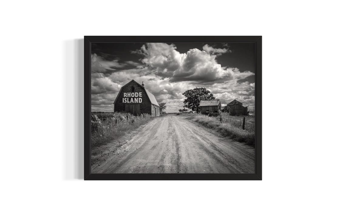 Rhode Island Vintage Black And White Barn Country Road Art Poster