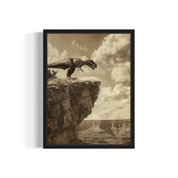 T Rex Dinosaur on Rocky Canyon Cliff Edge Sepia Vintage Poster