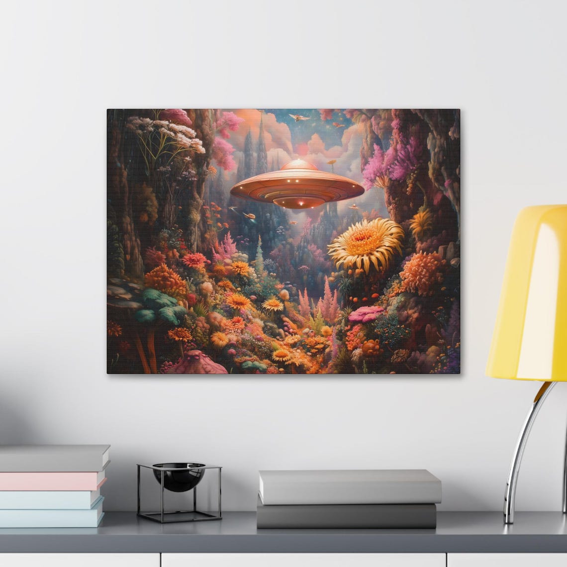 Flying Saucer Above Colorful Alien Flower Valley at Dusk Poster - Image 2