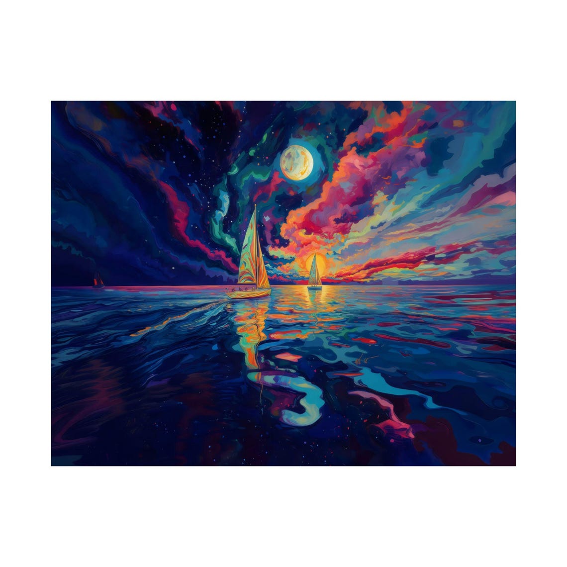 Psychedelic Sailboats Under Colorful Moonlit Night Sky Ocean Poster - Image 3