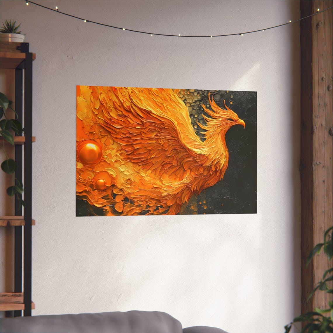 Golden Phoenix Impasto Texture Painting Fiery Bird Portrait Poster - Image 2