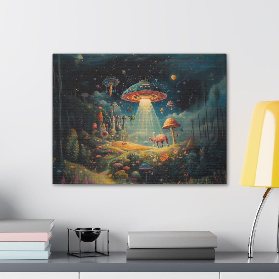 UFOs Over Starry Mushroom Village With Alien Creature Poster - Image 2
