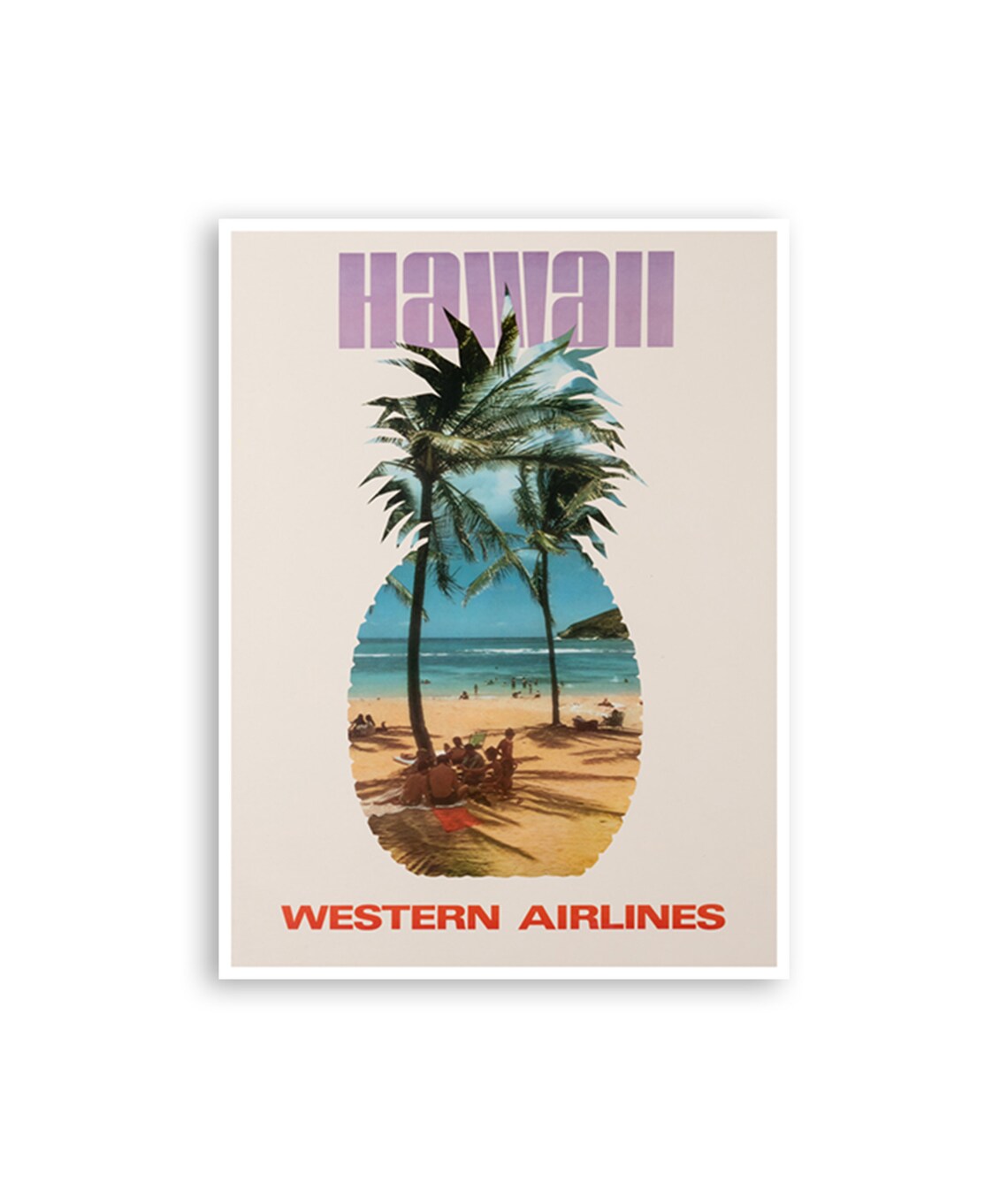 Hawaii Western Airlines Vintage Pineapple Beach Palms Travel Poster