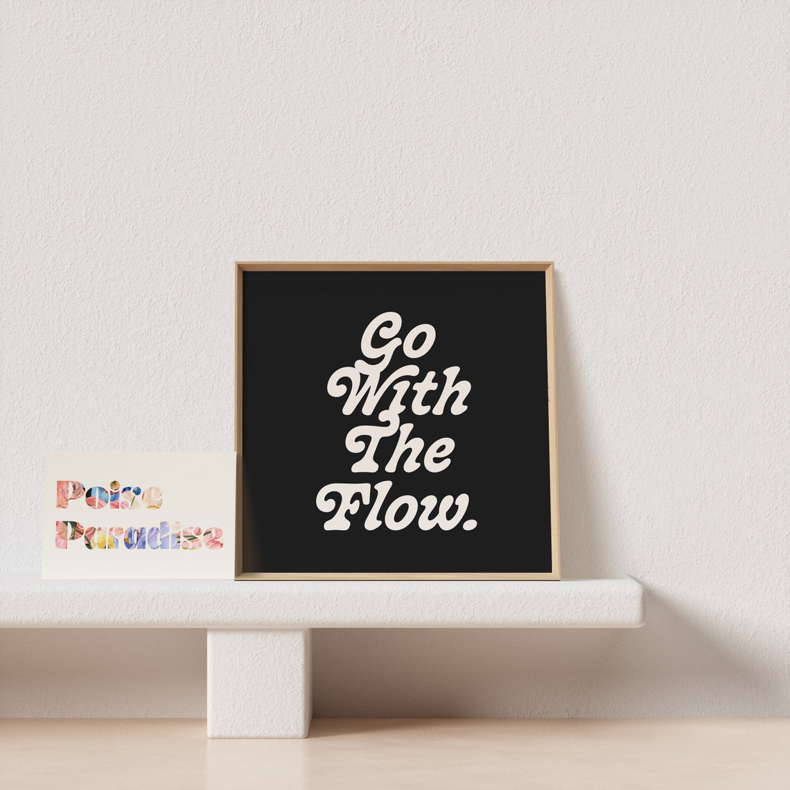 Go with the Flow Script Quote Poster in Cream on Black Square - Image 4