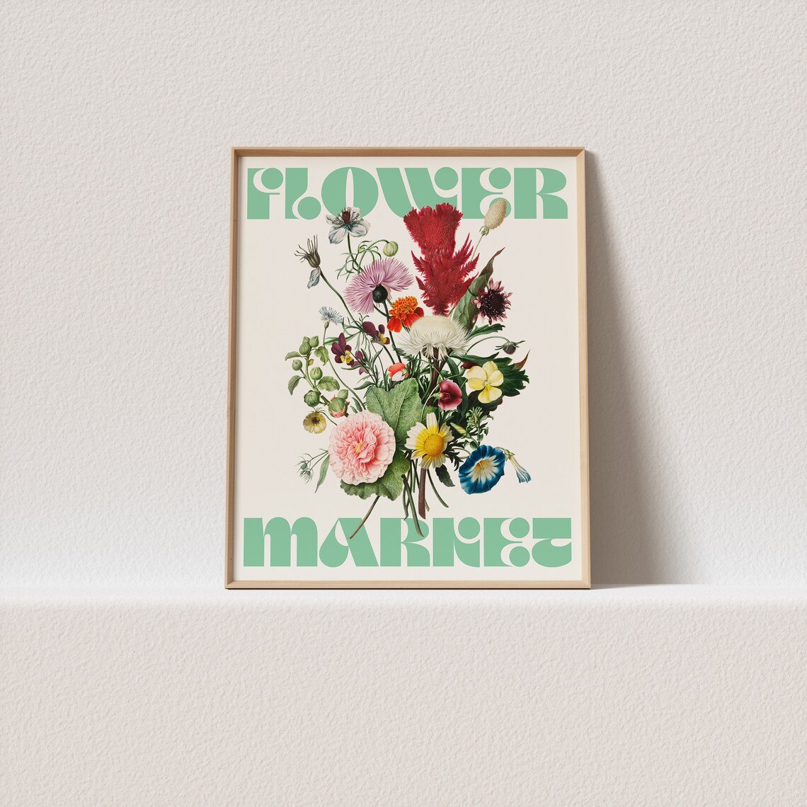 Flower Market Green Retro Wildflower Botanical Poster For Garden Rooms