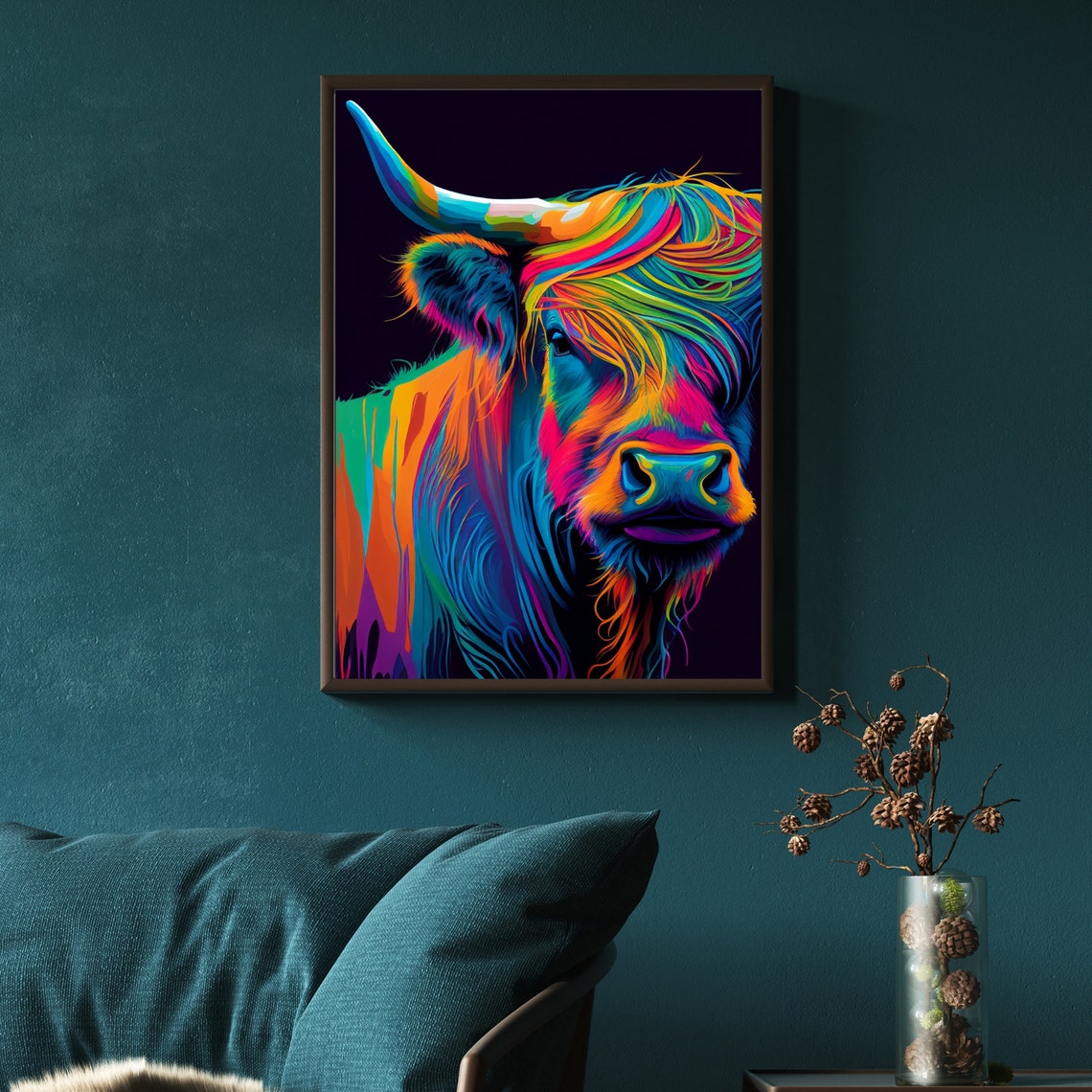 Neon Rainbow Highland Cow Portrait Colorful Abstract Cattle Poster - Image 2