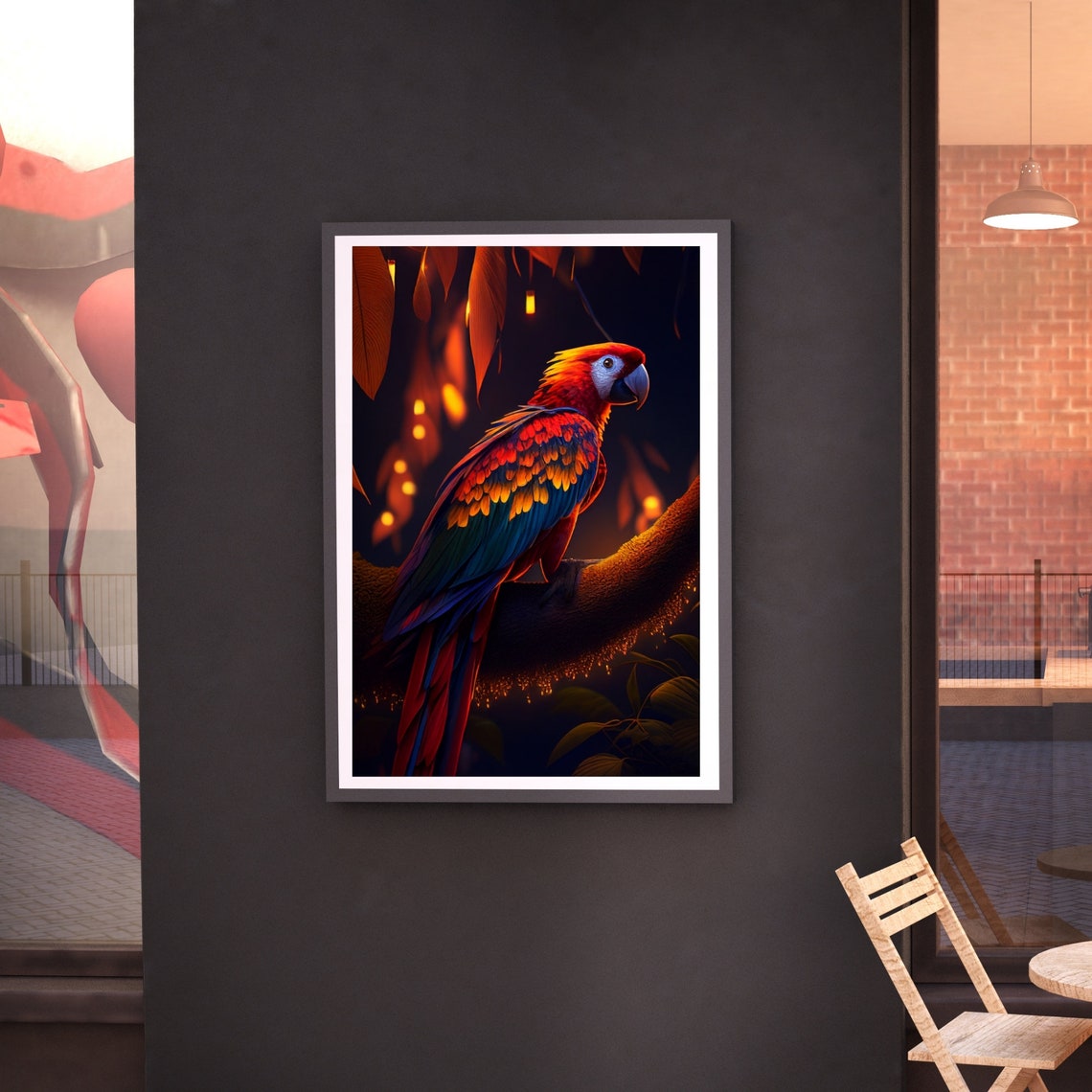 Scarlet Macaw Parrot on Branch in Glowing Night Jungle Poster - Image 2