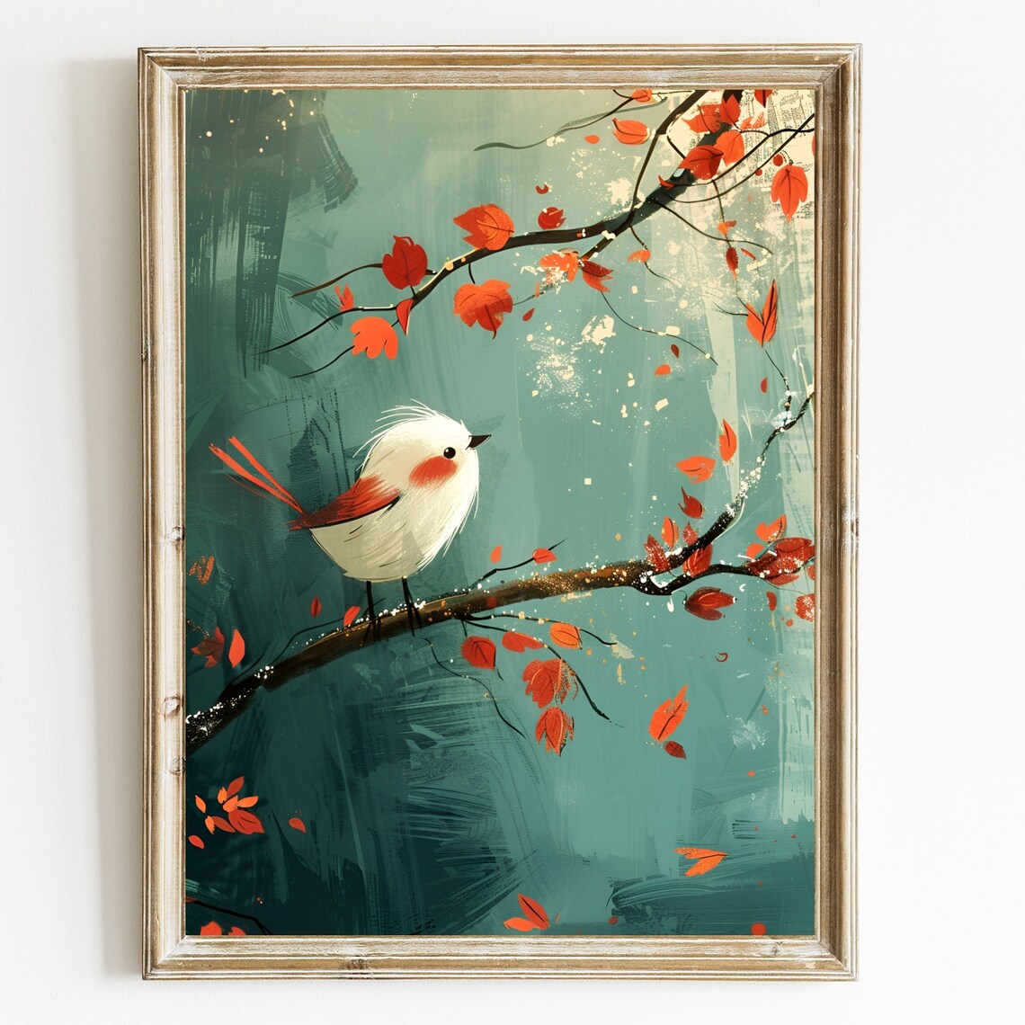 Minimalist Bird Print, Vintage Autumn Leaves Art