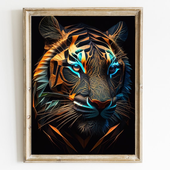 Neon Geometric Tiger Head on Black Dark Background Art Poster