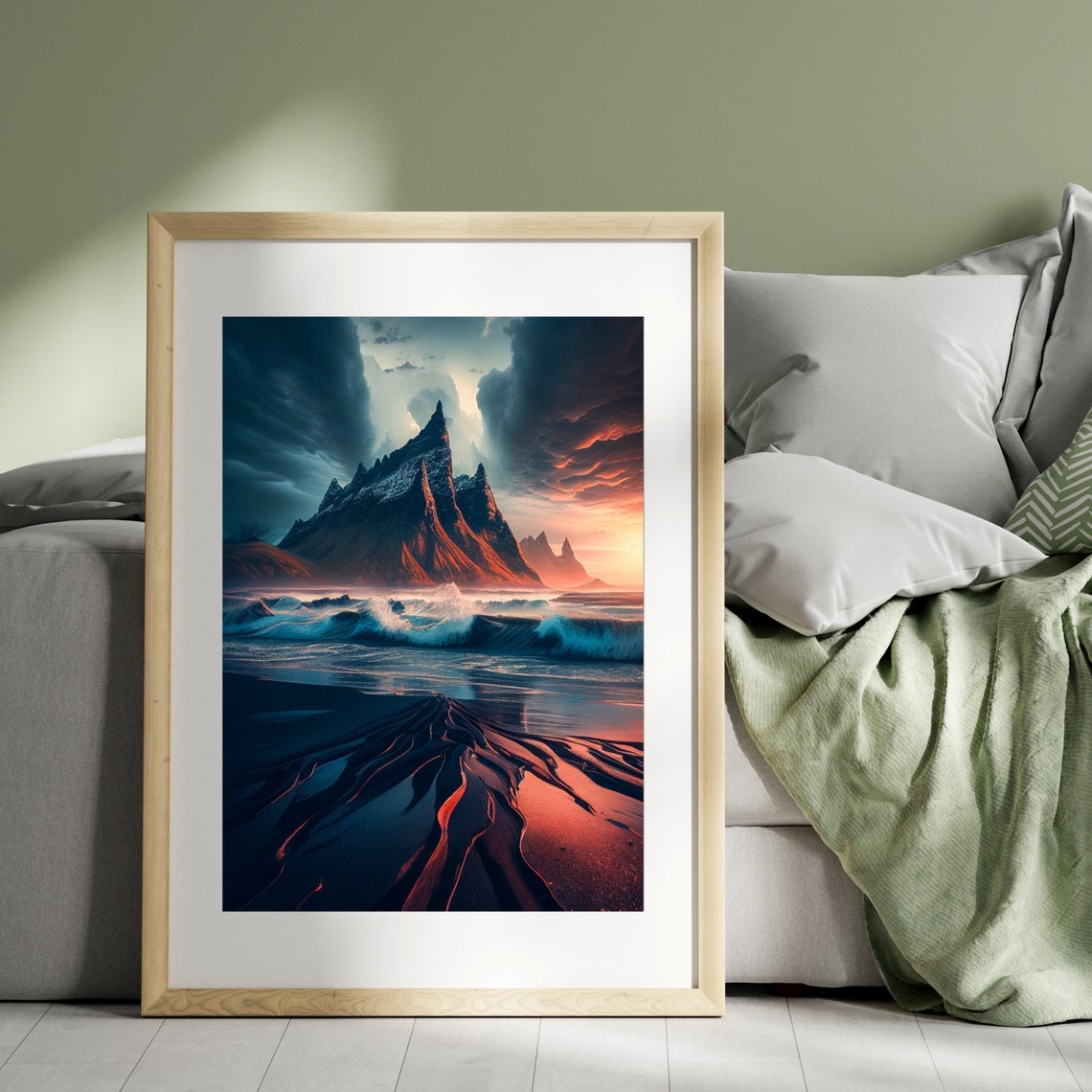 Dramatic Mountain Peak Over Black Sand Beach at Sunset Poster - Image 3