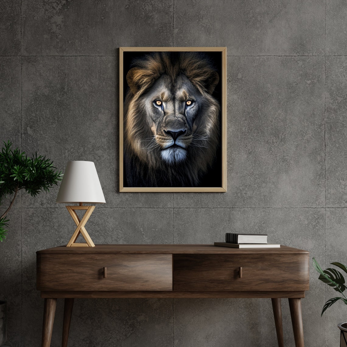 Majestic Lion Close Up Portrait Amber Eyes Dark Background Poster - Image 3