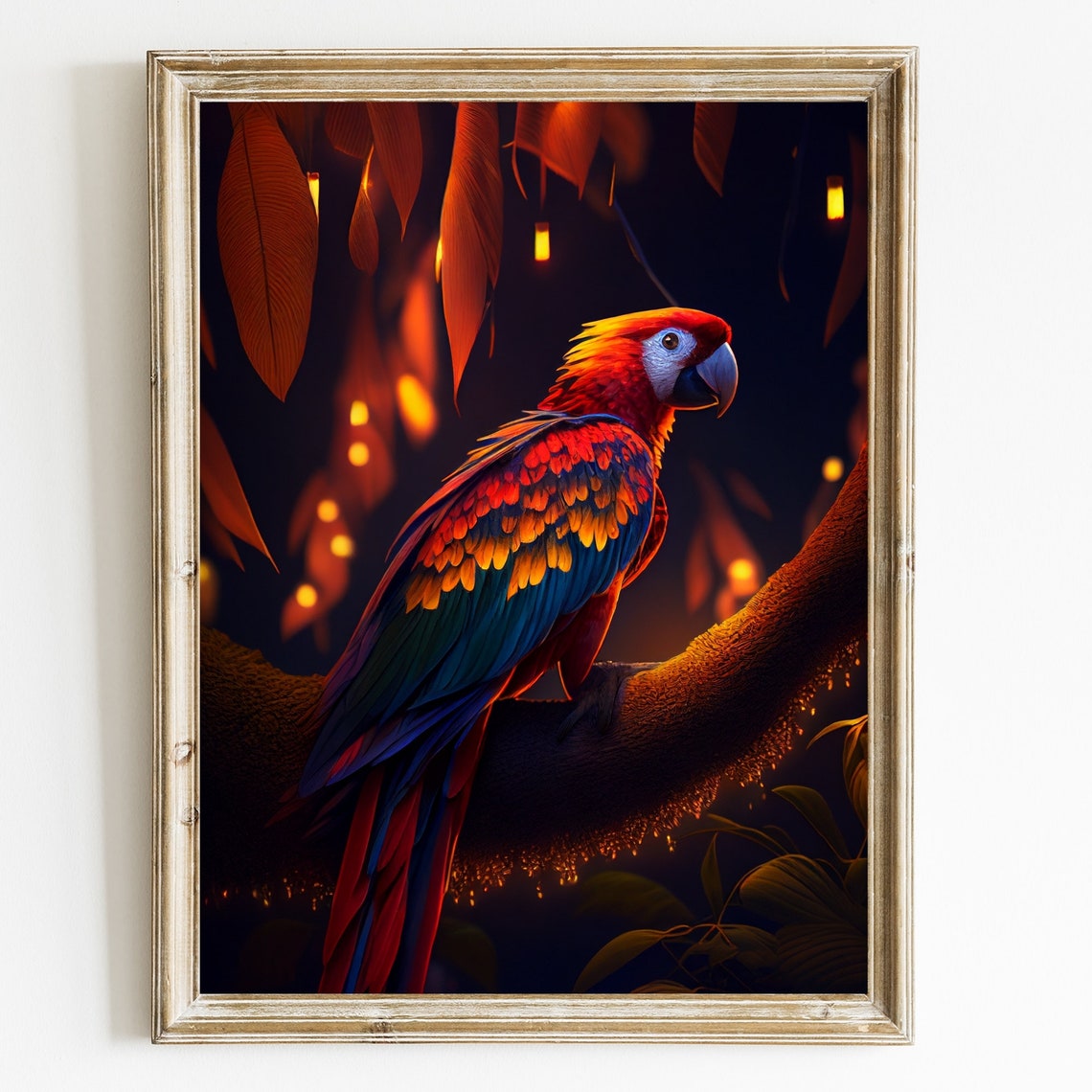 Scarlet Macaw Parrot on Branch in Glowing Night Jungle Poster
