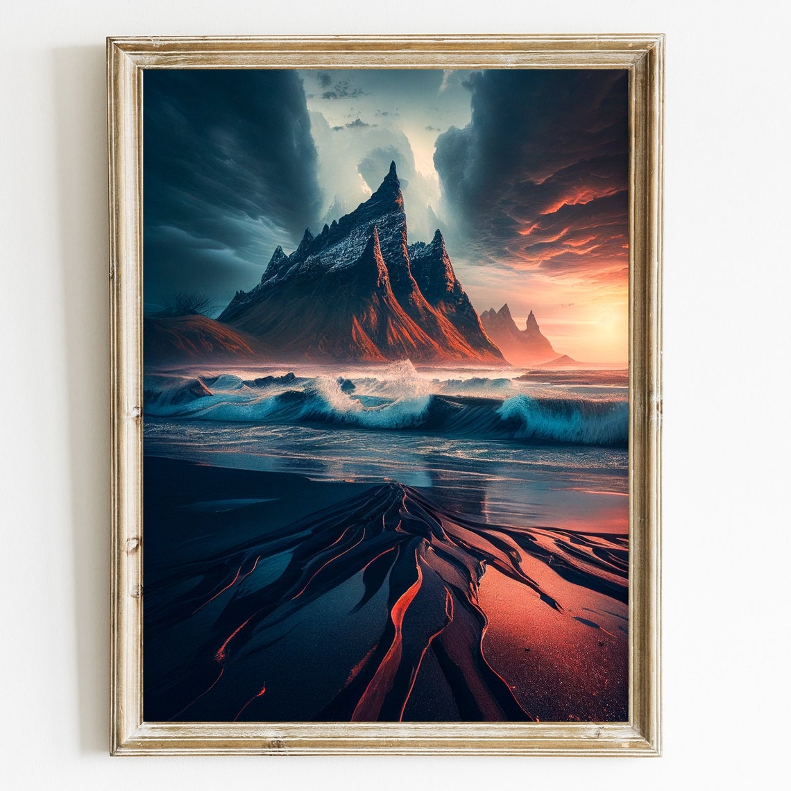Dramatic Mountain Peak Over Black Sand Beach at Sunset Poster