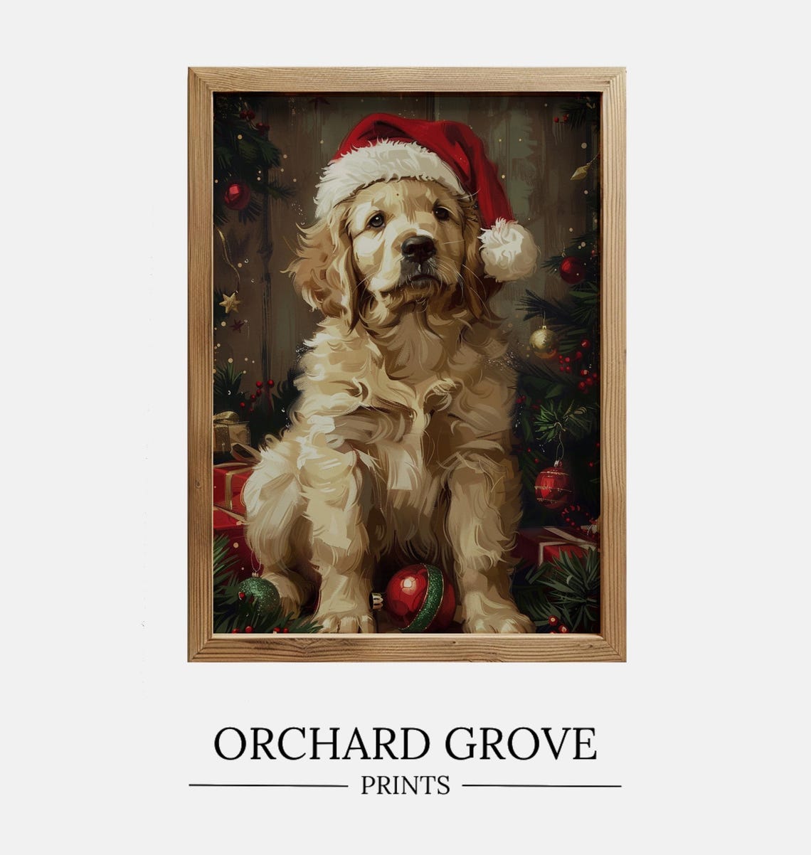 Christmas Dog Wall Art Print Santa Dog Painting Christmas Golden Retriever Christmas Puppy Christmas Holiday Decor Santa Pet 184