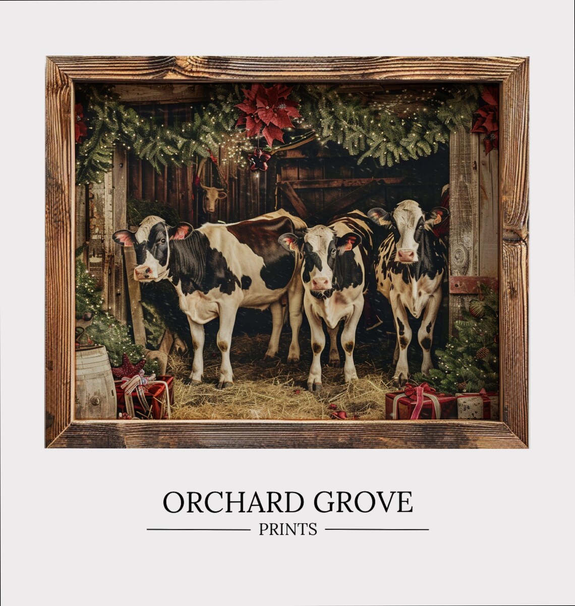 Christmas Cow Vintage Holiday Farmhouse Art Print