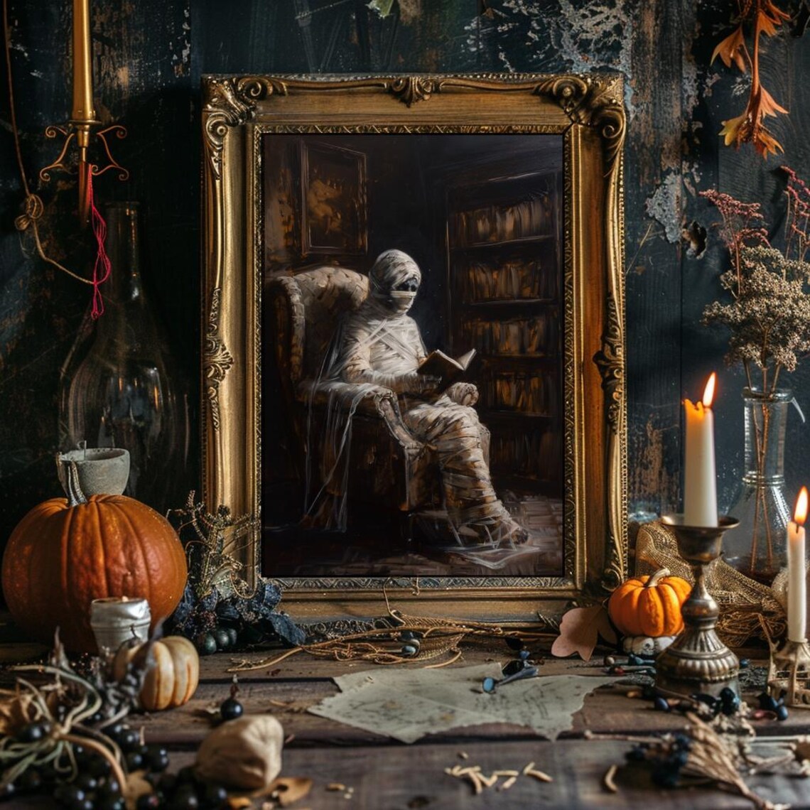 Spooky Mummy Reading Dark Library Armchair Halloween Oil Painting Poster - Image 4