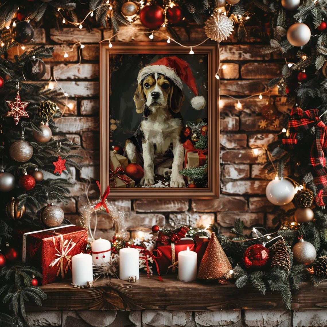 Christmas Dog Wall Art Print Santa Dog Painting Christmas Beagle Christmas Puppy Christmas Holiday Decor Santa Pet Art 185 - Image 3